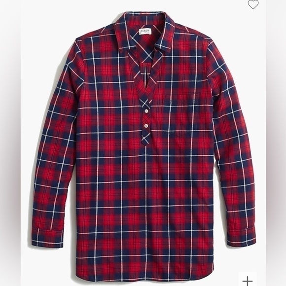 J. Crew Flannel Popover Tunic Red Navy Plaid Top Size Medium - Picture 1 of 8